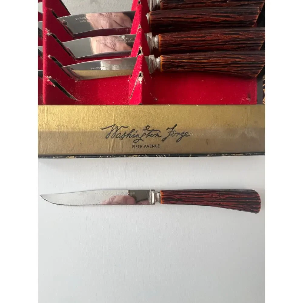 Vintage Cutlery 6 Washington Forge Sheffield Stainless Steak Knives Faux Stag